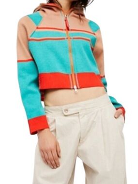 Free People Striped for days Zip up Colorblock Hoodie in Turquoise Tan & Red